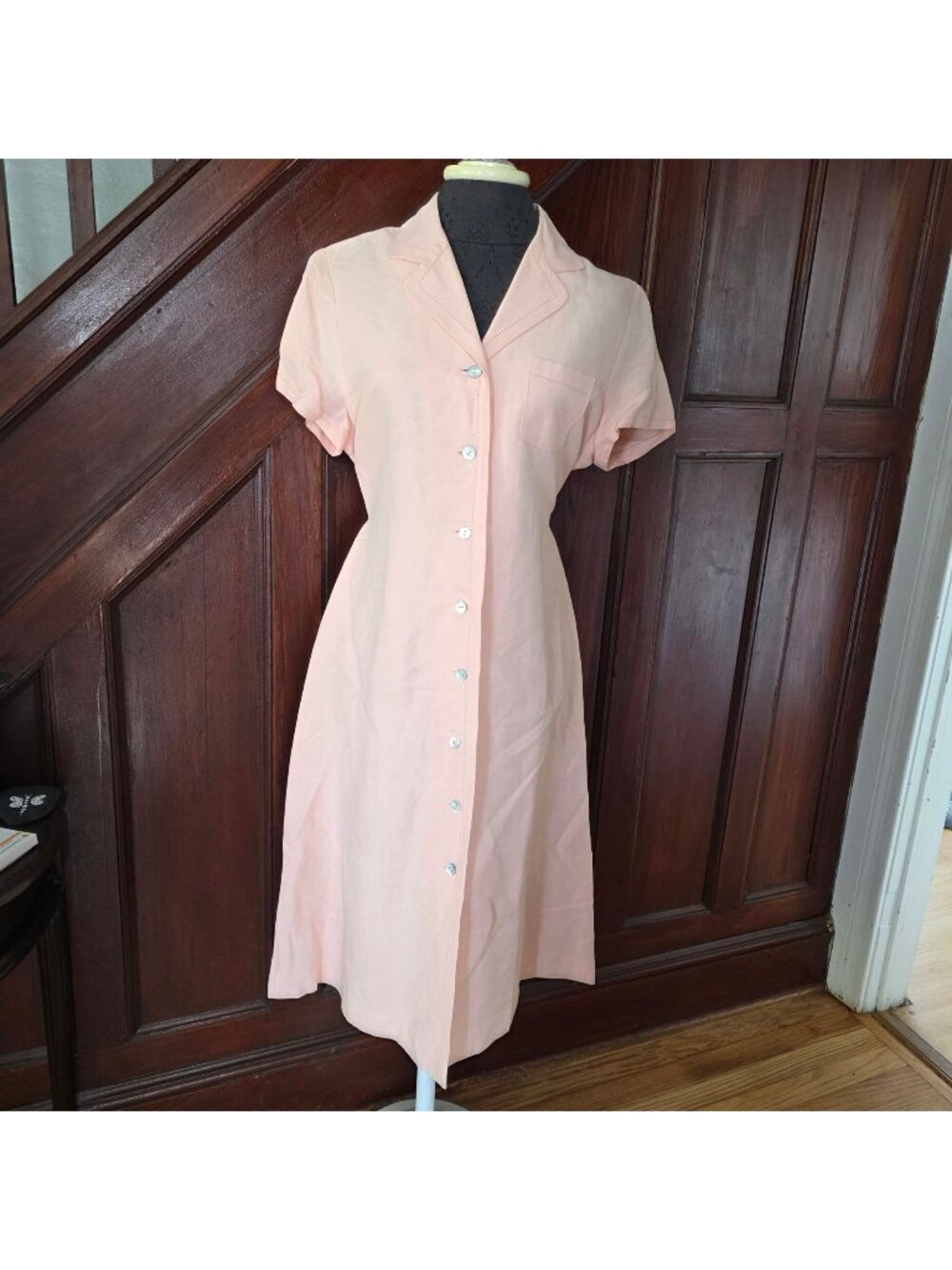 Evan-Picone Peach Linen Button-Front Petite Midi Dress Short Sleeves Tie Back 12